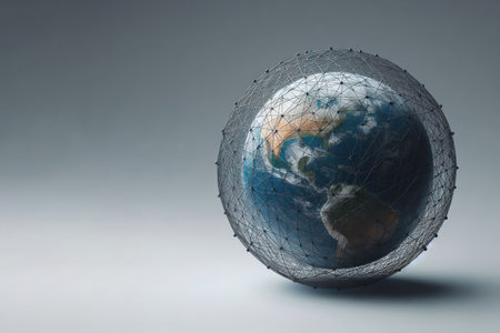 Planet earth shrouded in a net on a pure background. Space for textの素材