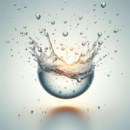 A drop of water with flying splashes on a light backgroundの素材