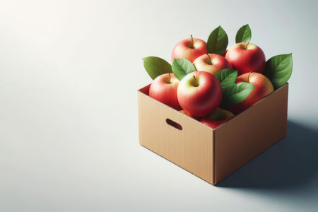 A cardboard box full of apples. Space for textの素材