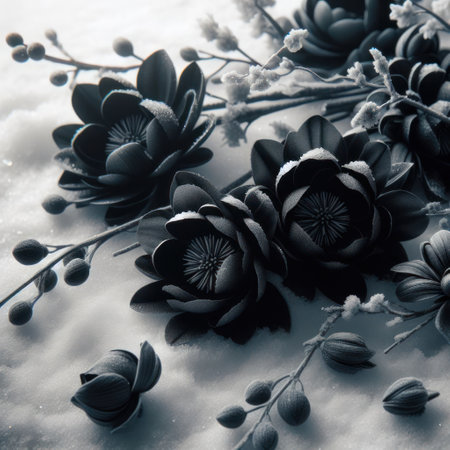 Black flowers lying on white snowの素材