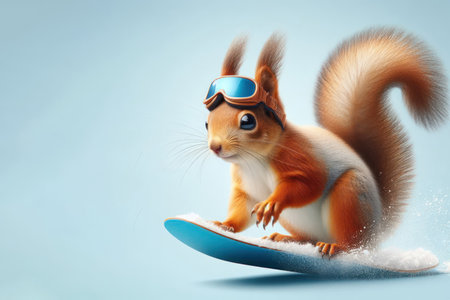 Squirrel on a snowboard on a clean background. Space for textの素材