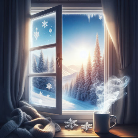 Hot tea standing near an open window with a beautiful winter landscapeの素材