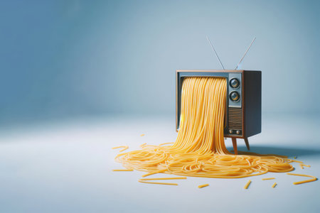Spaghetti climbs out of the TV screen. Space for textの素材