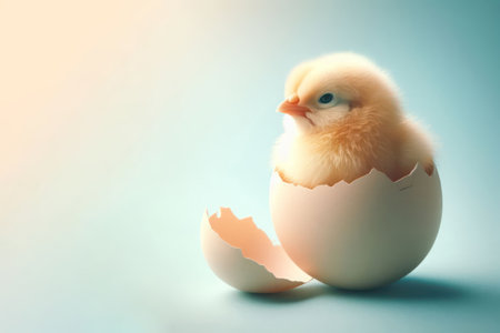 A small chick hatched from an egg on a clean background. Space for textの素材