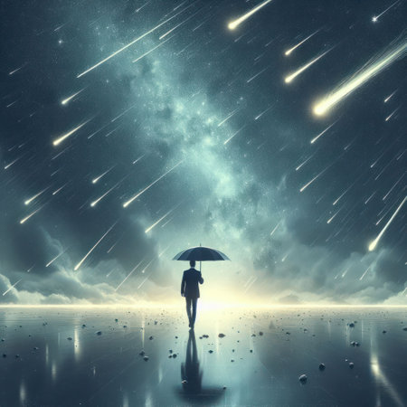 A man walking under an umbrella during a meteor showerの素材