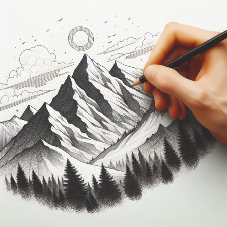 The process of drawing mountains, forests close-upの素材