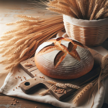 Freshly baked bread on a wooden standの素材