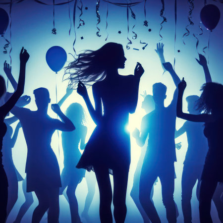 Silhouettes of dancing people at a partyの素材