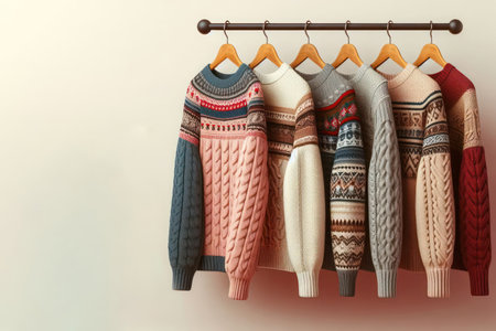 Warm sweaters hanging on a hanger. Space for textの素材