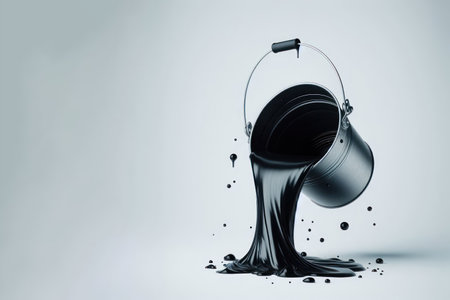 Black liquid leaking from a bucket. Space for textの素材