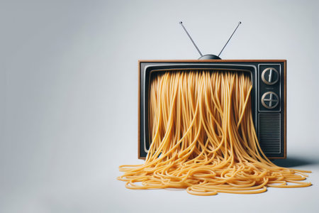 Spaghetti crawling out of TV screen on light background. Space for textの素材