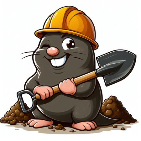 Happy mole with shovel on white backgroundの素材