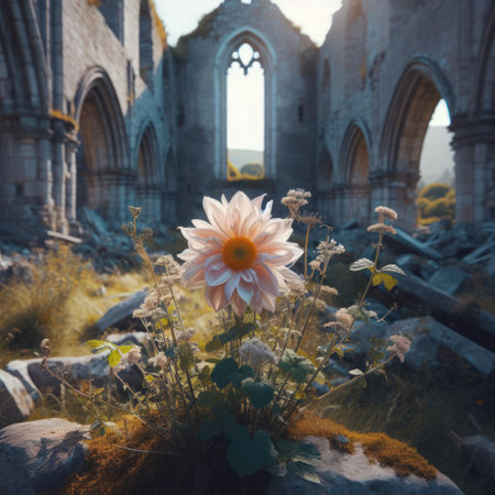 A flower against the background of the ruins of an old buildingの素材