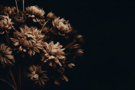Dried bouquet of flowers on black background. Space for textの素材