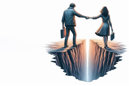 A man and a woman are separated by a deep ravine. Space for textの素材