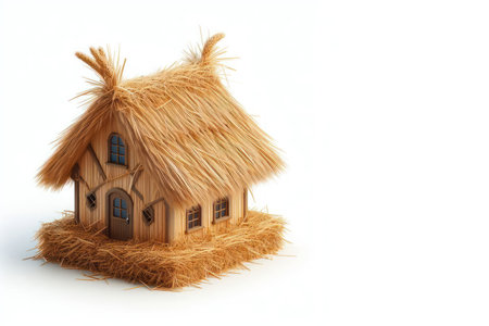 Model of a small thatched house on a white background. Space for textの素材