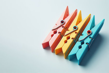 Three colorful clothespins on a light background. Space for textの素材