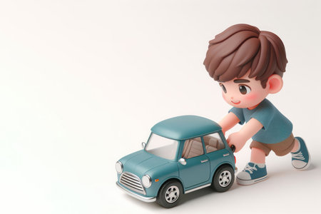 A little boy pushes a toy car. Space for textの素材
