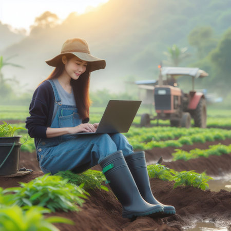 Young woman sitting in field with laptopの素材