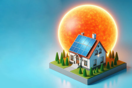 A model of a private house equipped with solar panels against the background of a large sun. Space for textの素材