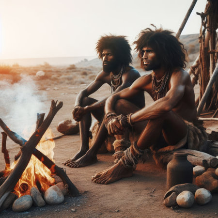 Ancient people sitting around a campfireの素材