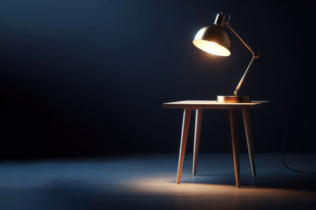 A table lamp standing on a stool in a dark room. Space for textの素材