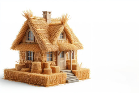 Thatched house on a white background. Space for textの素材
