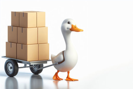 A goose on a cart carries boxes. Space for textの素材