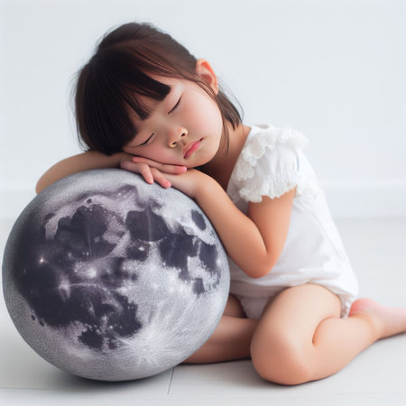 A little girl sleeps leaning on the full moonの素材