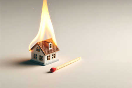 A model of a burning house next to a lying match. Space for textの素材