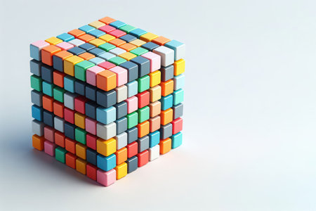 A cube consisting of small multi-colored cubes. Space for textの素材
