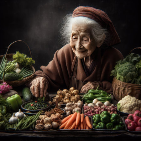 An old woman selling vegetables from a counterの素材