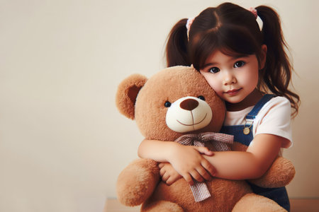 Little girl hugging a toy bear. Space for textの素材