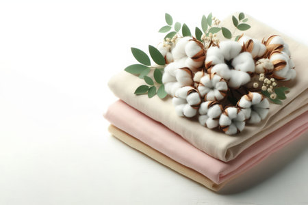 Cotton flowers lying on folded fabric. Space for textの素材
