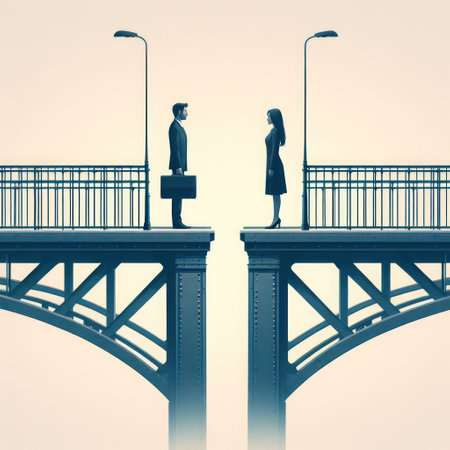 A man and a woman standing on opposite sides of a divided bridgeの素材