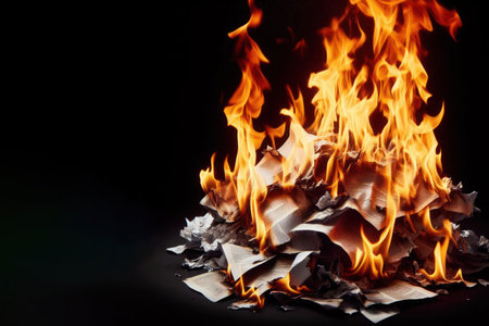 Burning paper on black background. Space for textの素材