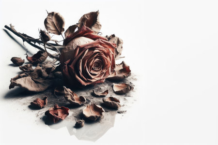 A withered rose lying on a white surface. Space for textの素材