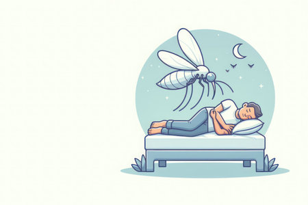 A mosquito flying over a sleeping man. Space for textの素材