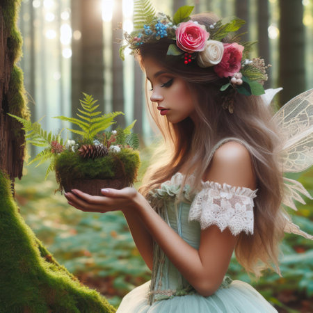 A forest fairy with a plant in her handsの素材