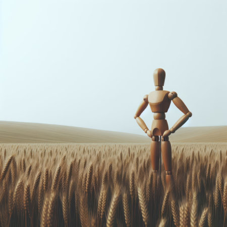 Standing wooden doll on the background of a fieldの素材