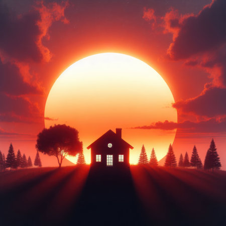 Silhouette of a house against the background of a big sunの素材