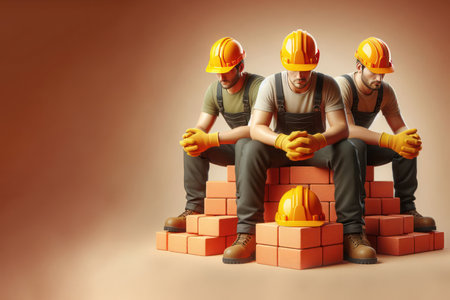 Builders in helmets sitting on bricks. Space for textの素材