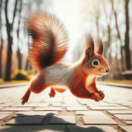 A squirrel running across the road in the parkの素材