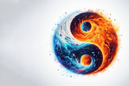 Yin and yang icon in the form of fire and water. Space for textの素材