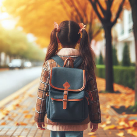 A girl with a backpack walking along the sidewalk past autumn treesの素材