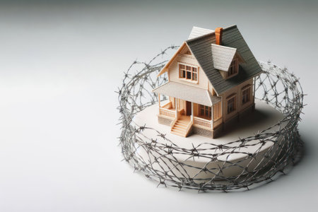 A model of a private house surrounded by barbed wire. Space for textの素材