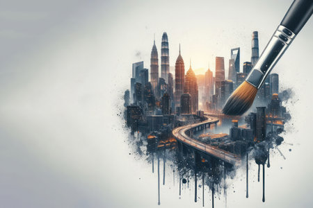 A brush painting a big city. Space for textの素材