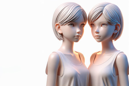 Identical girls standing next to each other. Space for textの素材