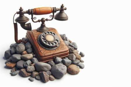 An antique phone lying on the rocks. Space for textの素材