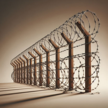 Barbed wire along the fenceの素材